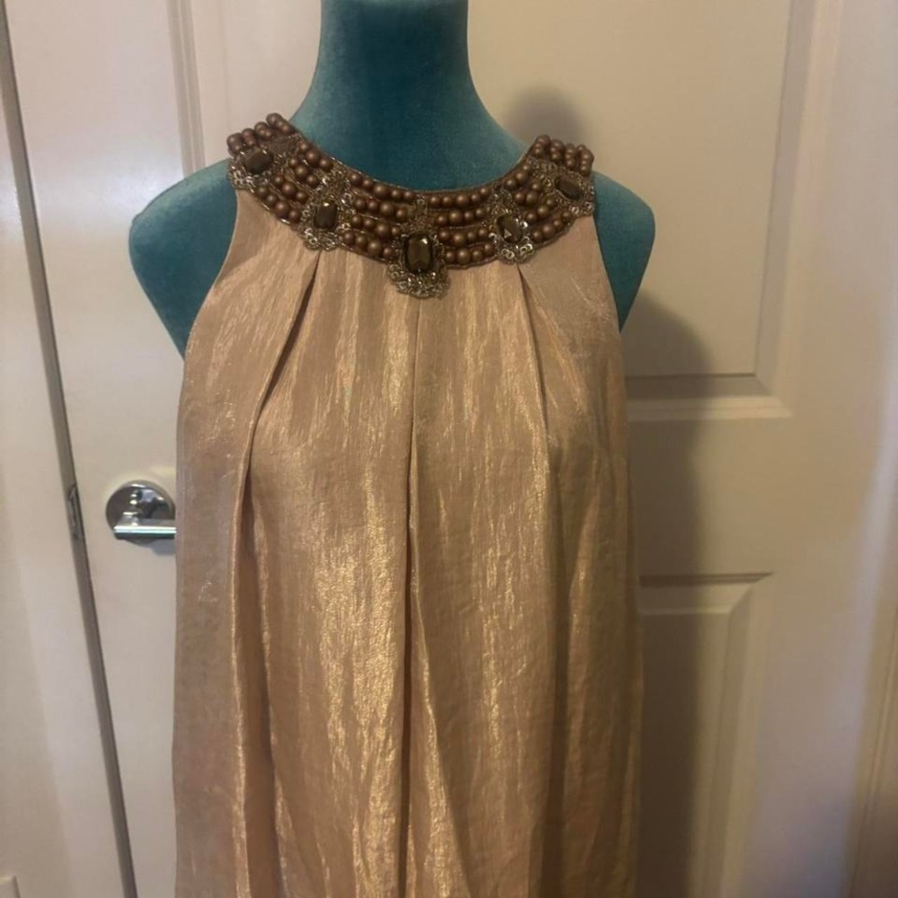 Elegant tan dress beige, satin, evening, embellished neckline dress